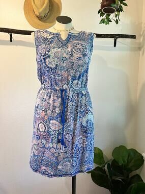 Talbots Summer Blue Pink Print Sleeveless Tassel Waist Tie Mini Dress Size Large